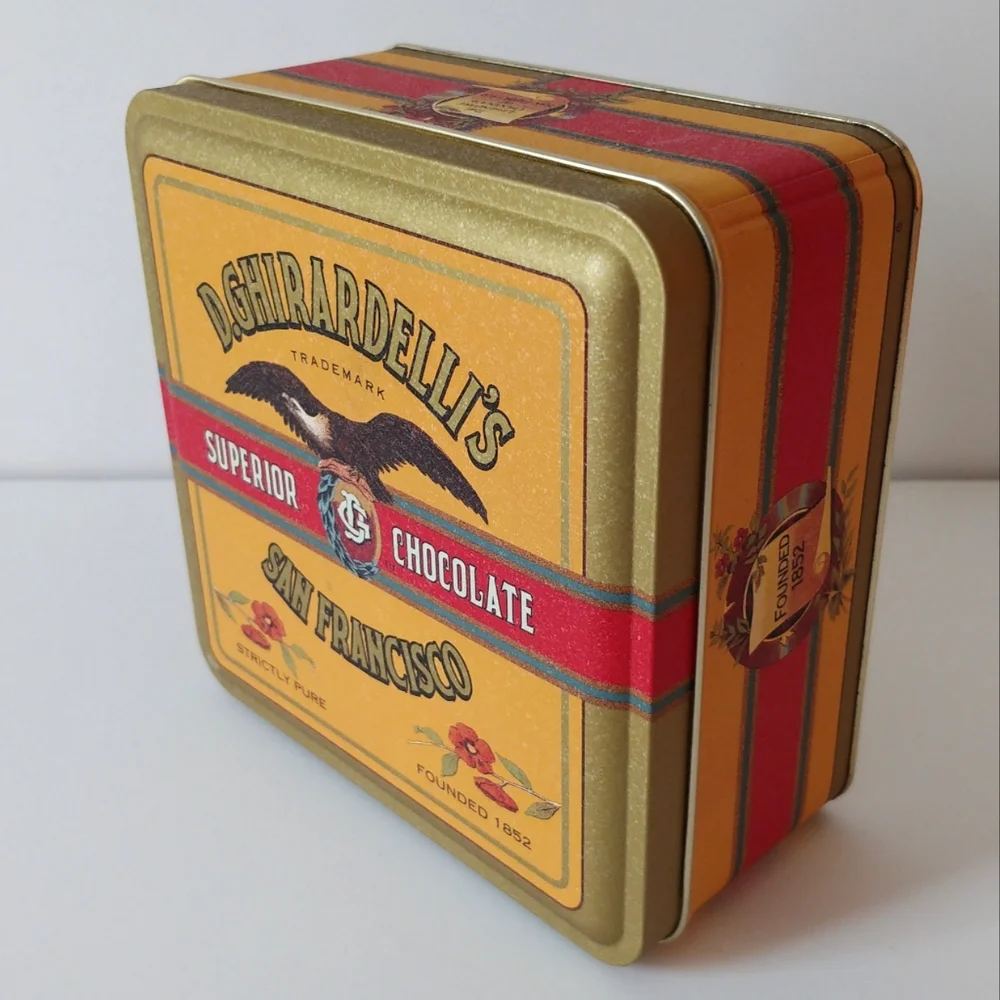Vintage Ghirardelli's Chocolate Tin Square Gold Green Red 1993